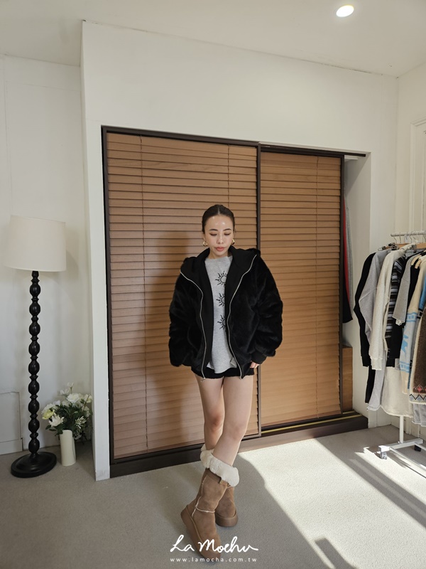 雙面穿翻領拉鍊毛毛外套